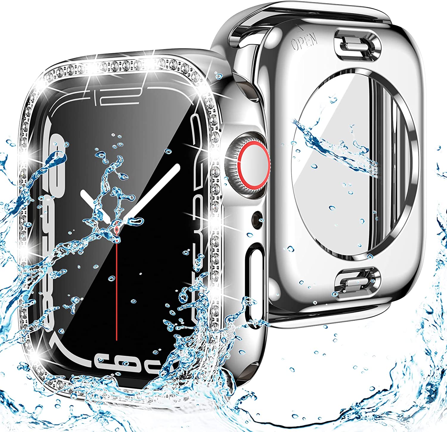 Goton 2 in 1 Waterproof Bling Case for Apple Watch 44mm SE (2nd Gen) Series 6 5 4 Screen Protector, Women Glitter Diamond Rhinestone Bumper Face Cover for iWatch Accessories 44 mm Silver - Image 1
